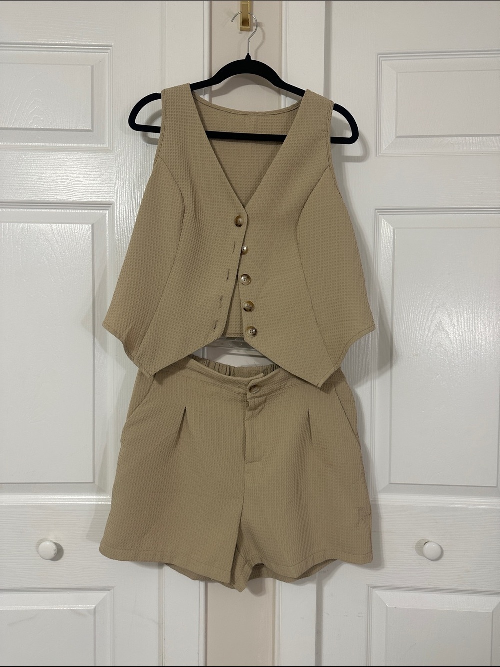 SHEIN Beige Textured Vest & High-Waist Shorts Set